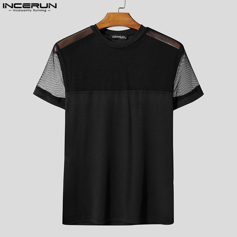 INCERUN Summer Men Short Sleeve Mesh Sheer Patchwork Skinny T-shirts