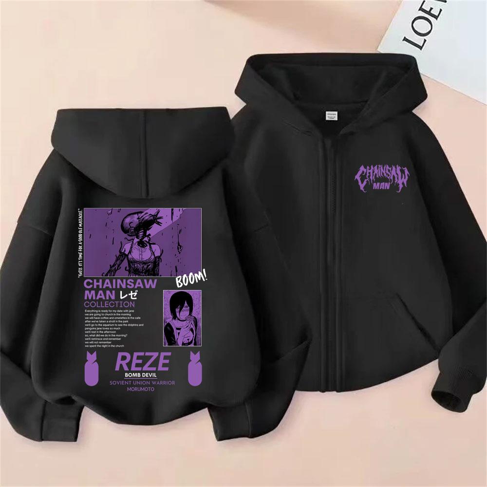 Anime Chaaw Man Zipper Hoodie Cartoon Reze Graphic Zip Up Jacket Men Women Manga Oversized Fleece Cotton Zip Up Sweatshirt