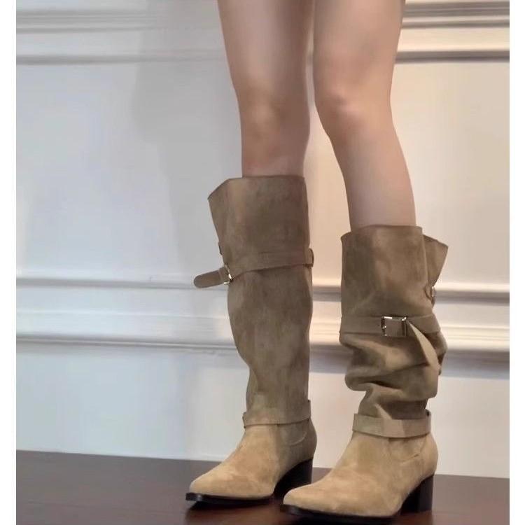 But knee boots women's autumn and winter khaki suede fashion boots women's thick heel thin pleated piled boots