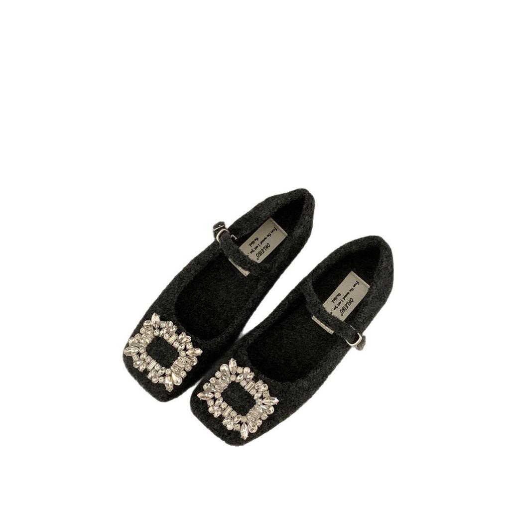 2025 Fransk fyrkantig tå strass fluffiga skor för kvinnor att bära utomhus höst och vinter nya mångsidiga milda Mary Jane kvällsskor