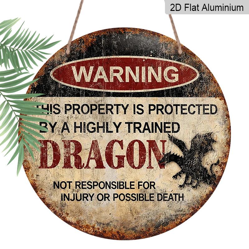 

2D Flat, 1pc 7.87x7.87in 2D Flat Round Sign, Vintage Plaque with Warning Dragon Design, This Property Protected by Trained Dragon Humorous Metal 1pc