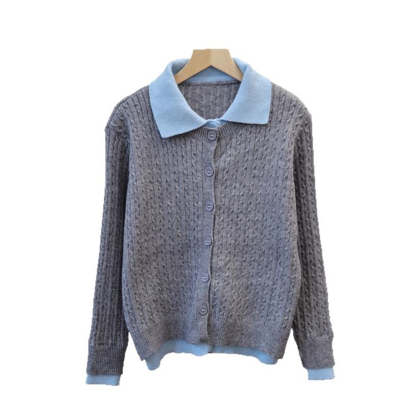 Polo Collar Long-sleeved Knitted Cardigan Autumn and Winter New Loose Design Fake Two-piece Splicing Sweater Jacket Women
