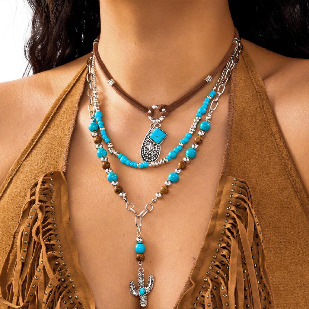 Retro Western Cow Hat Necklace Chain Pack With Turquoise And Alloy Accents For Women