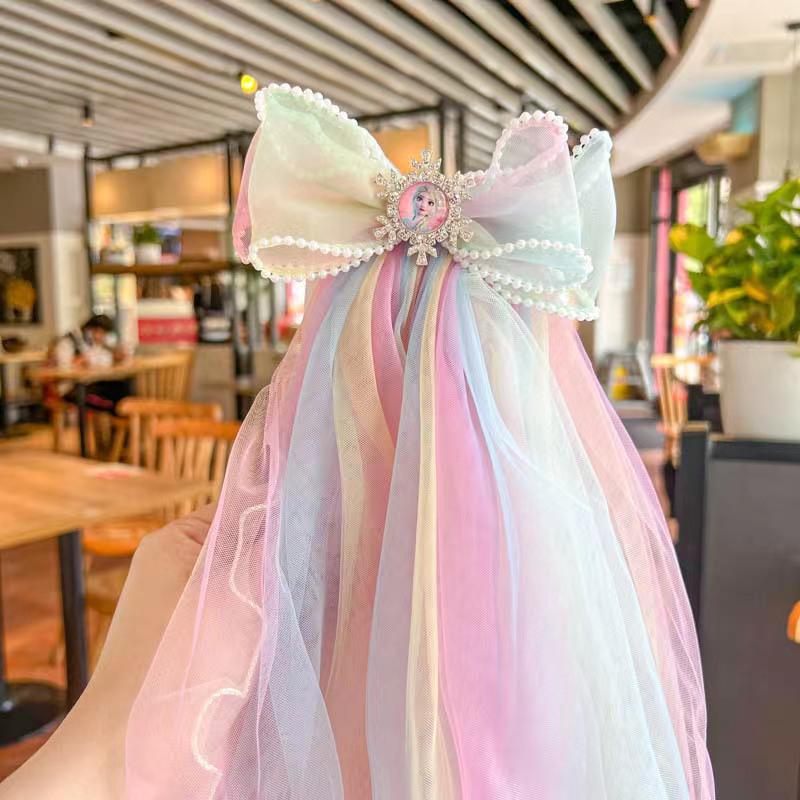 Elsa Princess Iridescent Bow & Veil Hair Clip - Multilayer Rainbow Mesh for Kids