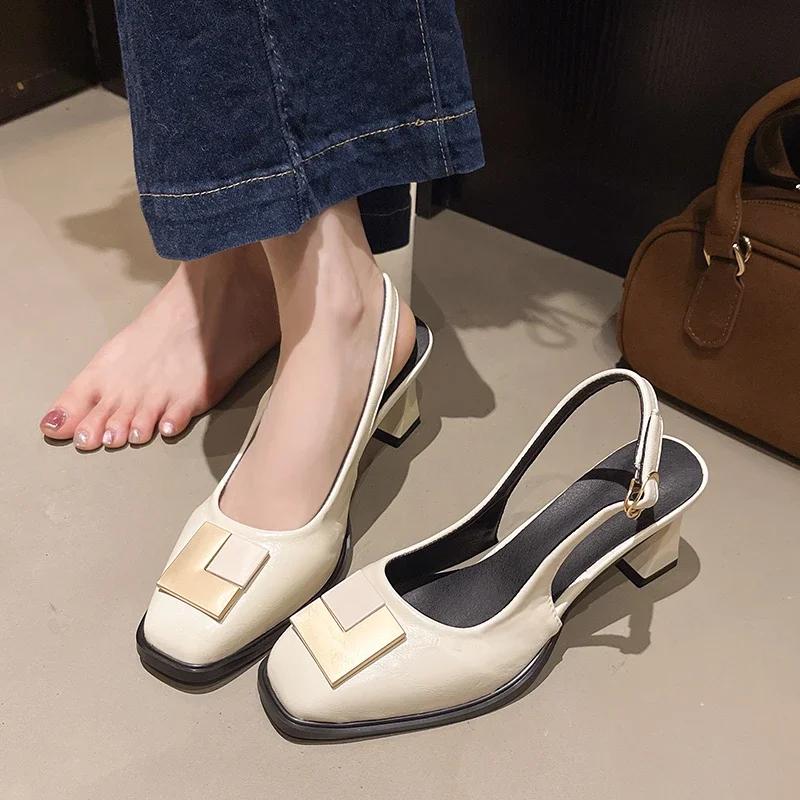 Women's Sandals Square Toe Metal Decoration Leaking Heel One Kick Women's High Heels Leisure Cover Toe French Sandalias De Mujer