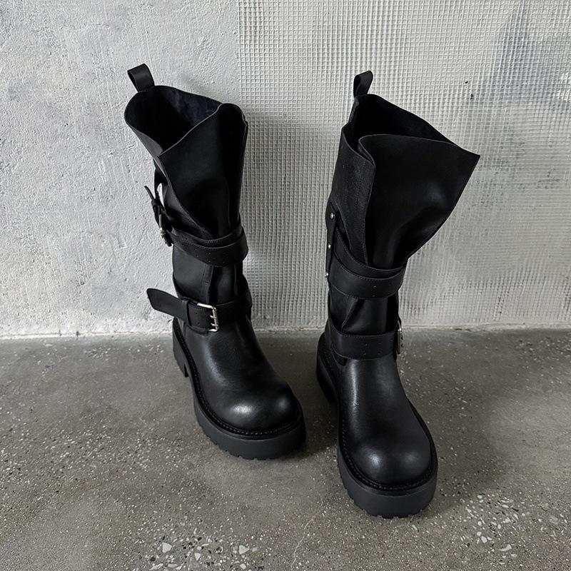 2025 Autumn and Winter New Maillard Retro Knight Boots Women's Versatile Thick-soled Stacking Boots Round Head Belt Buckle Boots
