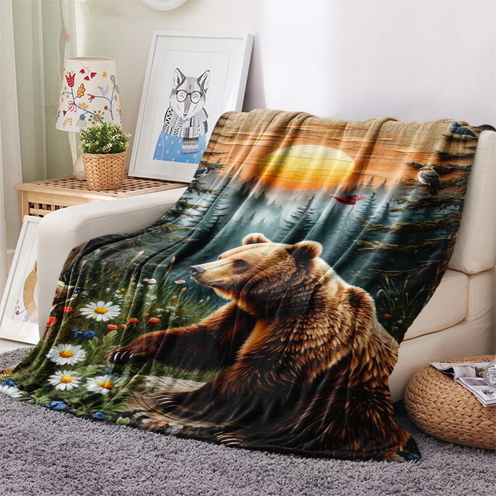 1Pc Brown Bear Print Flannel Blanket, High quality Comfortable for All Seasons, Home Decor, Warmth and Comfort, Perfect for Gifts