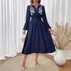 Women's Fashion Spring Fall Flower Pattern Print Long Sleeve V-Neck High Waist Casual Dresses