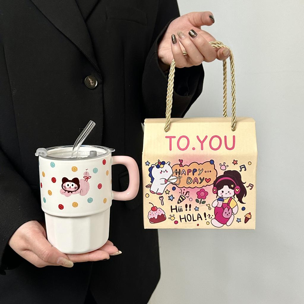 Søt Prikkete Dukke Valp Sugerørskopp Keramisk Krus med Lokk Par Drikkekopp Praktisk Bursdagsgave til Jenter