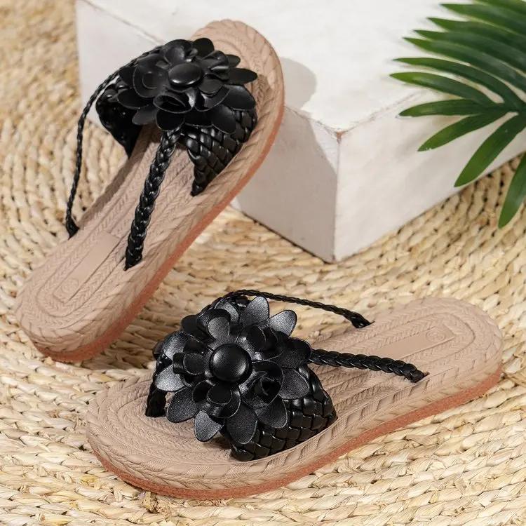 Fashion 2025 Summer Women Slippers Casual Shoes Flat Vacation Holiday Braided Floral Pattern Slippers Toe Post Beach Flip Flops Slides