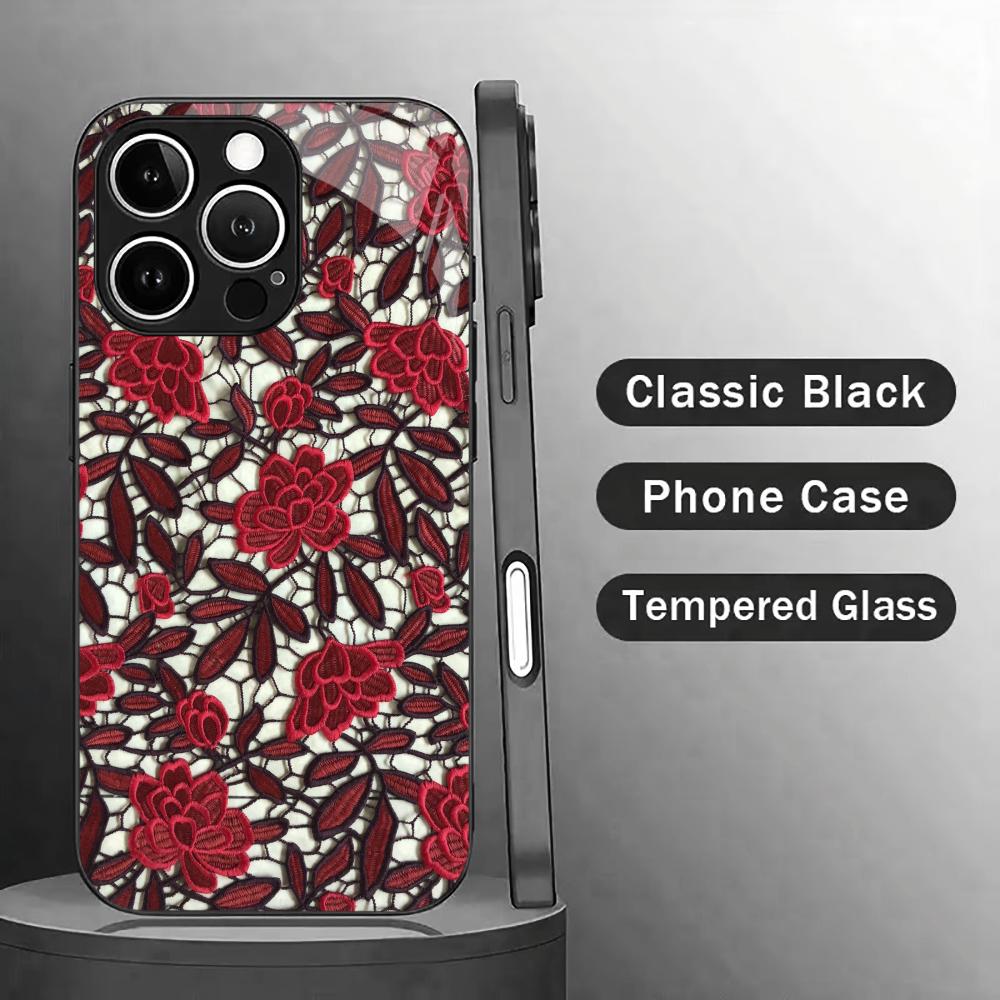 Red Floral Lace Pattern Glass phone case mobile phones for iphone 17 pro max cover for iPhone 17 16 15 14 13 12 11pm Pro Plus