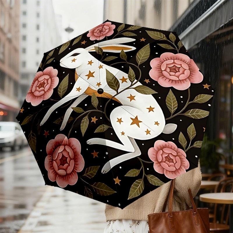 1pc rabbit flowers Automatic Folding Umbrella 8 Rib Iron Frame,  Suitable for Travel, Daily Use, Birthday, Women & Men Gift c1231077
