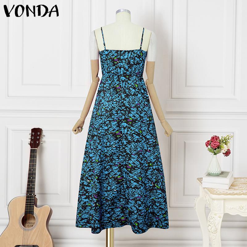 VONDA Summer Women Strap Sleeveless Printing Party Casual Holiday Long Pleated Dresses
