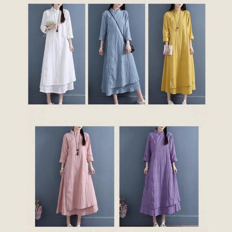 Φορέματα Γυναικεία Άνοιξη Φθινόπωρο Vestidos Robe Elbise Φαρδιά Μεγάλα Μεγέθη Λινό Διπλής Στρώσης Μακρύ Φόρεμα