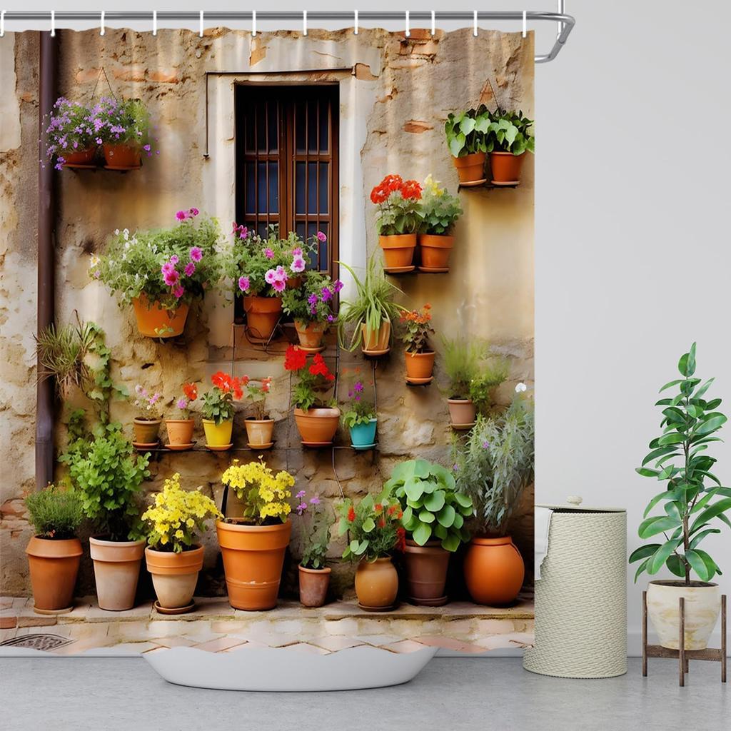 Italian Shower Curtain European Street Garden Old Wall Nature Flower Potted Plant Vintage Mediterranean Scene Bathroom Decor