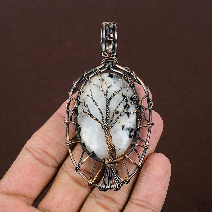 Natural Rainbow Moonstone Gemstone Copper Wire Wrap Gift Pendant 3.43" j8q71