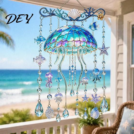 Stained Glass Style Suncatcher Ocean-Themed Crystal Wind Chime, Acrylic Jellyfish Seahorse Pufferfish Hanging Ocean Theme Chimes with Prism