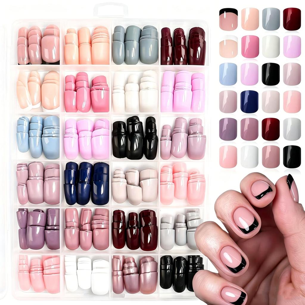 576pcs Colorful Glossy Short Square Press On Nails White Black French Tip False Nails 24colors Solid Pink Red Brown Fake Nails