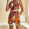 Women Plus Size Sleeveless Scoop Neck Black Cartoon Stationery Printed Loose Short Romper With Patch Pockets