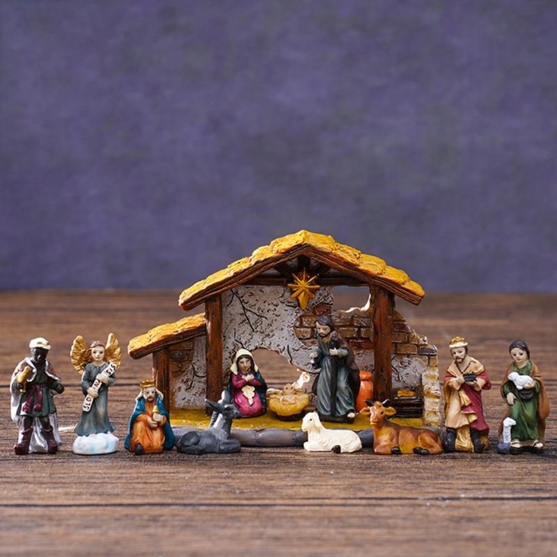 Nativity Statues Figures Set Resins Manger Scene Minaiture Figurines Ornaments for Mantels and Shelf Christmas Decors