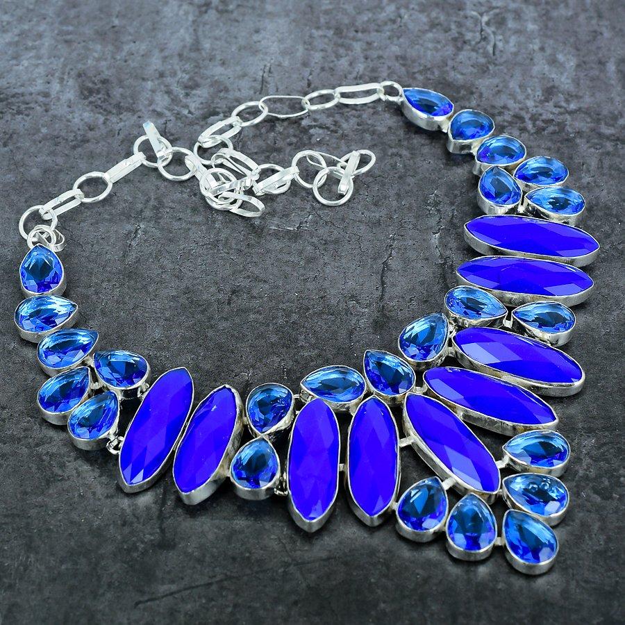 Sapphire(Simulated) Gemstone 925 Sterling Silver Necklace 18"