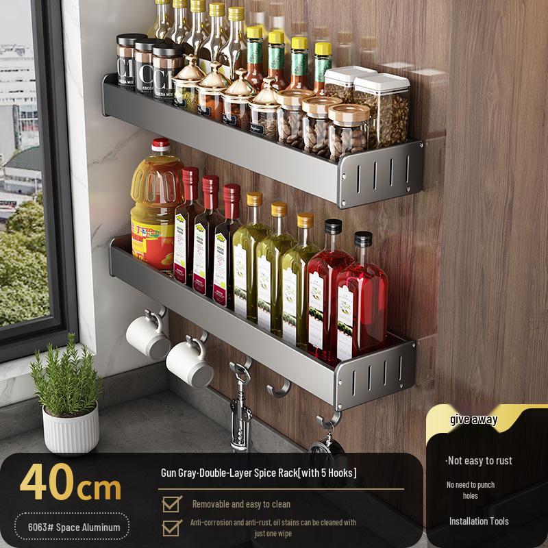Wall-Mounted Kitchen Storage Rack, Punch-Free, Gun Gray, Knife Holder & Multi-Functional Seasoning Organizer.