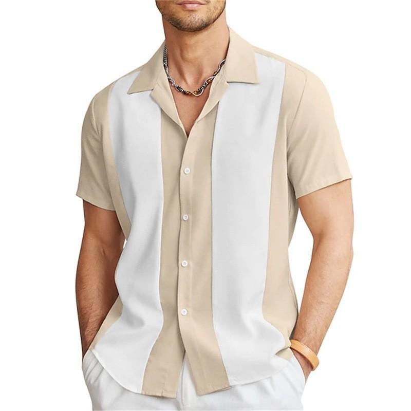 Men Color Block Vertical Stripe Cuban Collar Short Sleeve Shirt S бежевый