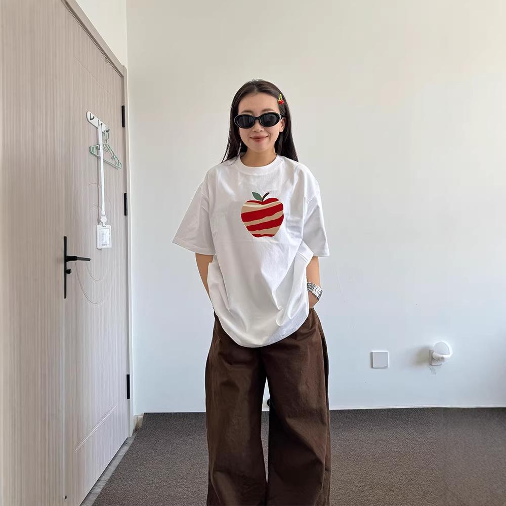 Women's Loose-Fit Pure Cotton Apple Print T-shirt: Short Sleeve, Summer Style