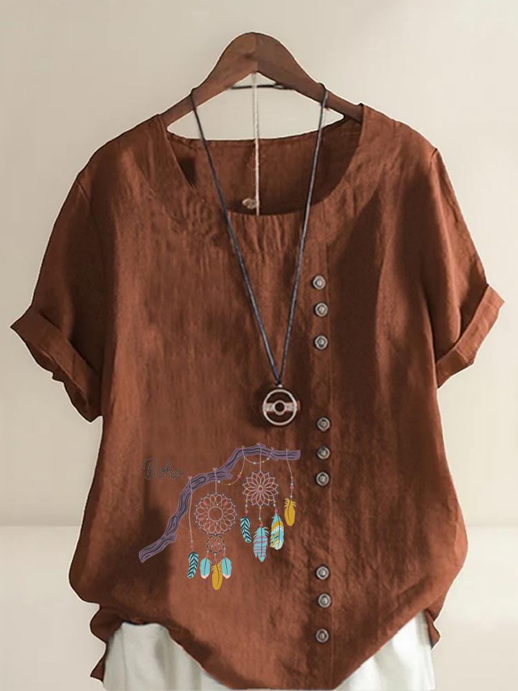 Women's Fashion Feather Pattern Print Shot Sleeve T-shirt Loose Cotton Shirt Casual Loose Summer Plus Size Blouse Tops