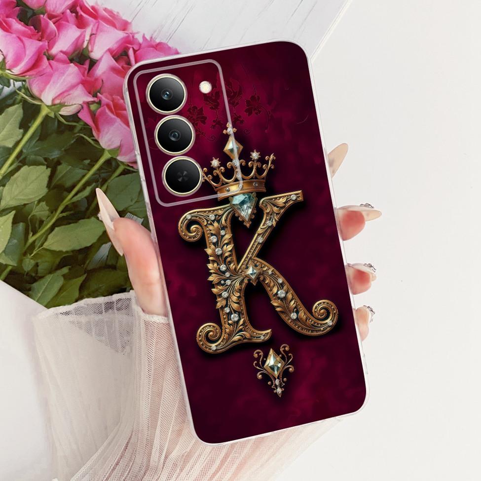 Cover For Realme 14x 5G India Case RMX3940 Transparent Luxury Crown A-Z Letters 2D Flat Pattern Soft Phone Case