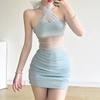 GDS European and American New Women's Clothing Sexy Fashion Neck-wrapped Chest Mesh Stitching Hip-wrapped Dress