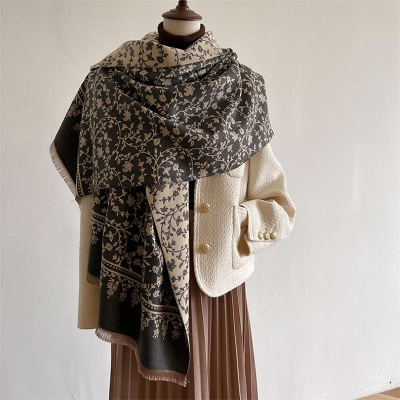 Autumn and winter versatile elegant small floral imitation cashmere scarf women's high-end warm scarf shawl car blanket women