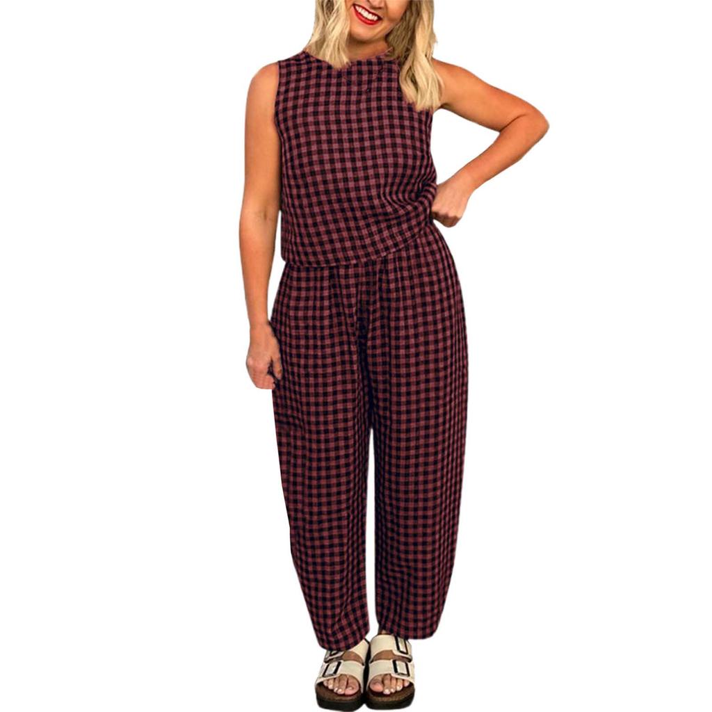 Women's 2026 New Printed Plaid Loose Casual Sleeveless Vest and Pants Set