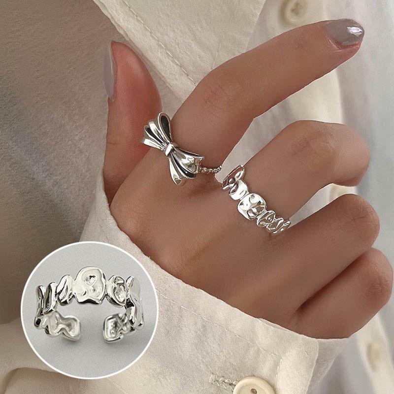 Bague de doigt ouverte vintage pour femme à double couche géométrique de style coréen plaquée argent S925
