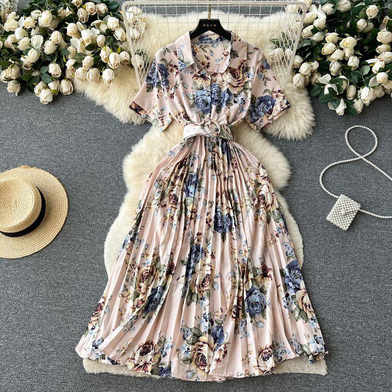 

Summer New French Style Temperament Lightly Mature Lapel Short Sleeve Print Western Style Waist-Slimming Slim Looking Pleated Chiffon Dress Khaki All yards