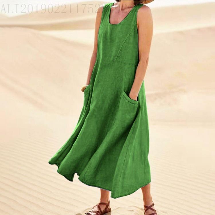Cotton Linen Blend Summer Sleeveless Pocket Dress European American Style 19 Colors