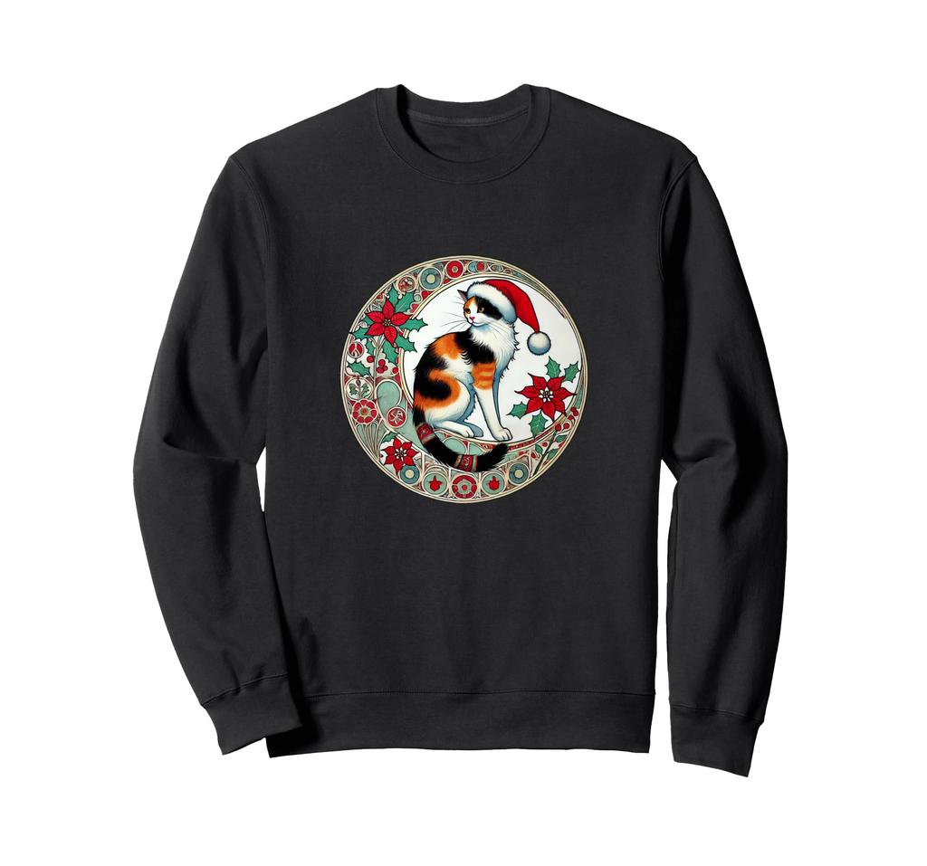 Christmas calico cat Santa hat illustration Art Nouveau sweatshirt