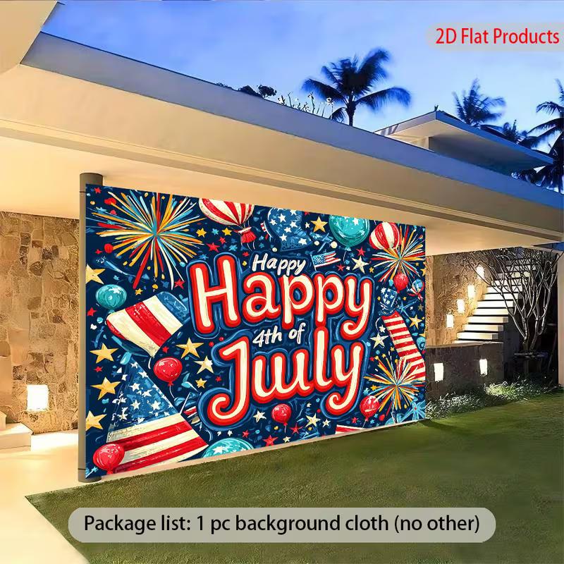 Festive Independence Day Tapestry, Bold "Happy 4th of July" Text with Fireworks, Balloons and Stars, Vibrant Patriotic Wall Art