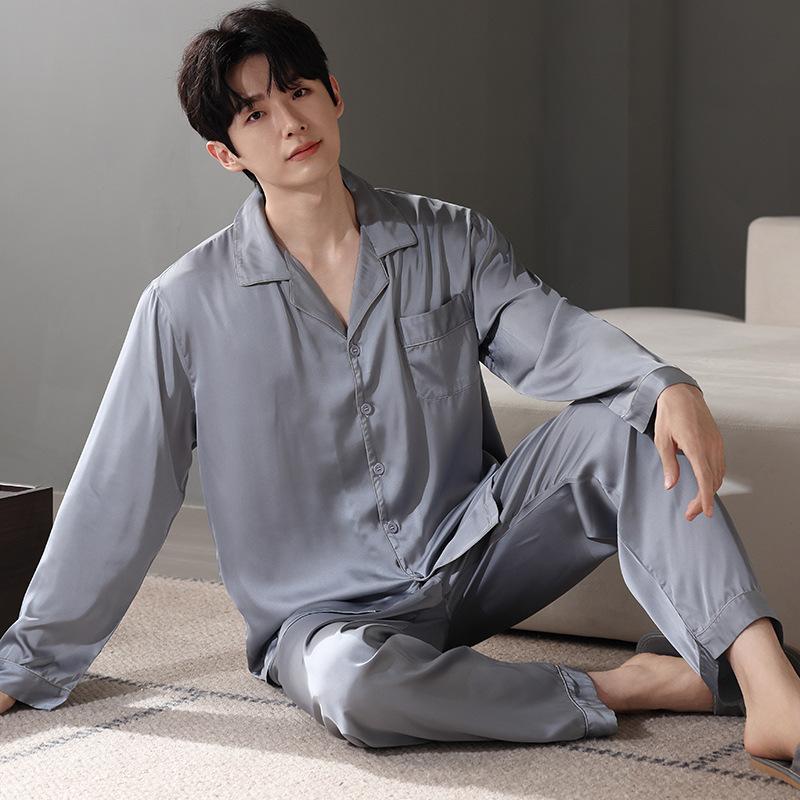 Pajamas Men'S Spring And Autumn Ice Silk Long Sleeve Thin Summer Simulation Silk Four Seasons Loungewear Suit