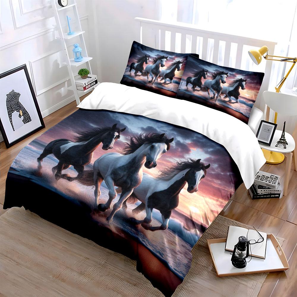 "Running Horses Sunset Decor" Soft Skin-Friendly Bedding Set Includes 1 Duvet Cover And 2 Pillowcase Gift