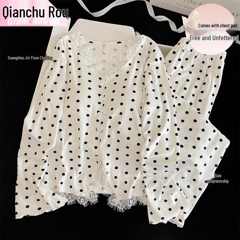 

Women s Lace Ribbon Sea Island Fleece Pajama Set with Chest Pad - Long Sleeve and Pants for Autumn/Winter Size 6 (145-180 jin)