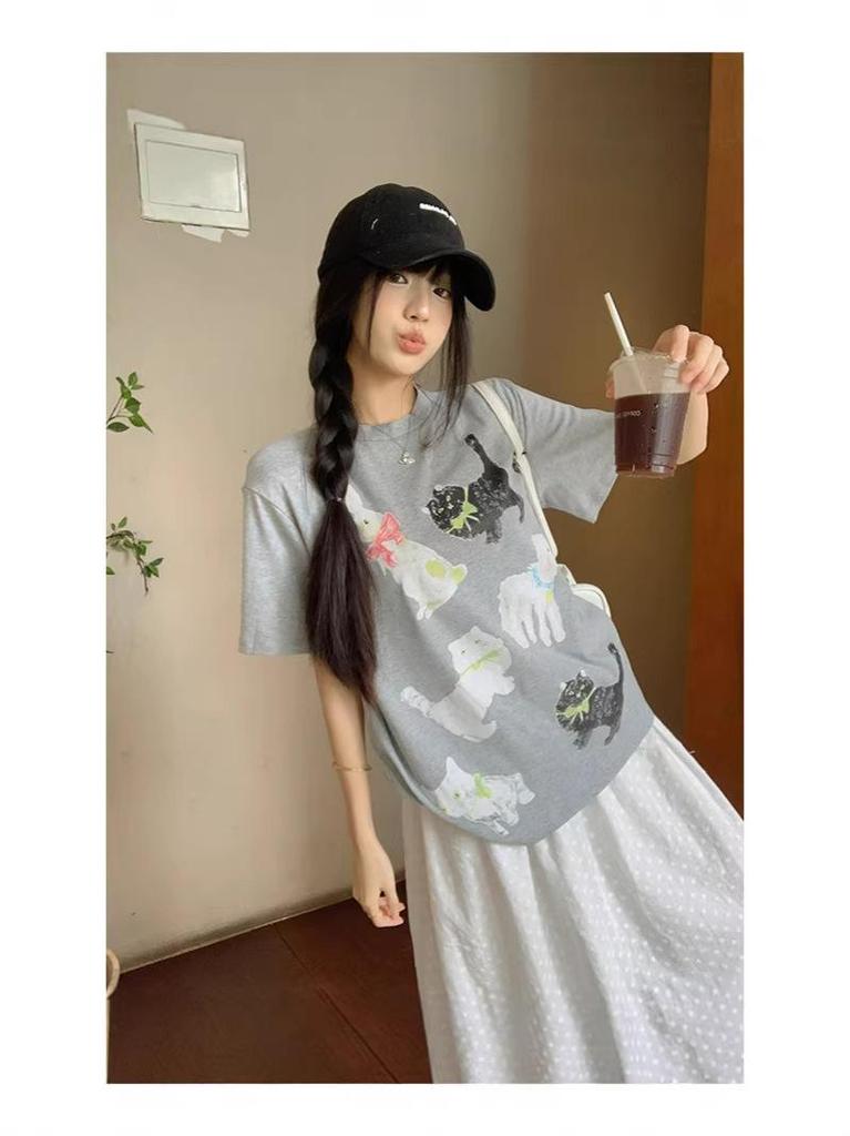 Plus Size Women's Korean Style Two-Piece: Printed Short Sleeve T-shirt & High Waist A-line Skirt