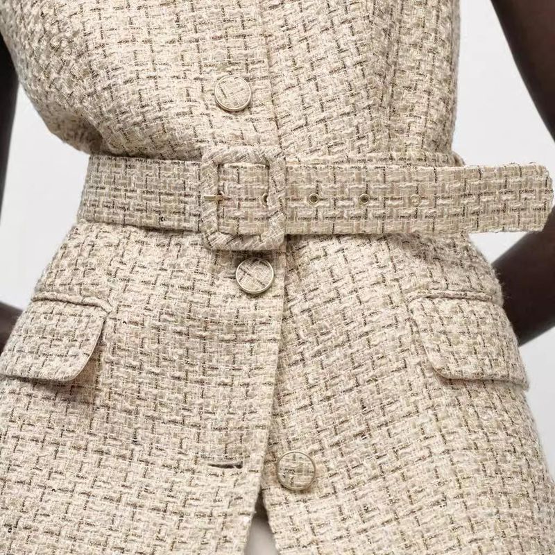 Autumn and Winter New Women Western Style With Belt Graceful Plaid Texture Sleeveless Vest Vest 9208956