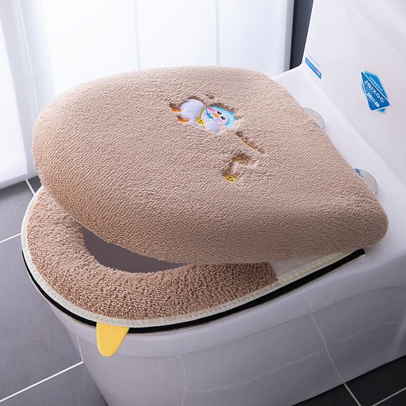 Soft Plush Toilet Seat Cover Set With Lid 2-Piece Winter Fall Bathroom Accessory Home Use