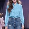 VONDA Elegant Women Casual Ruffled Stand Collar Long Sleeve Solid Color Buttons Blouse