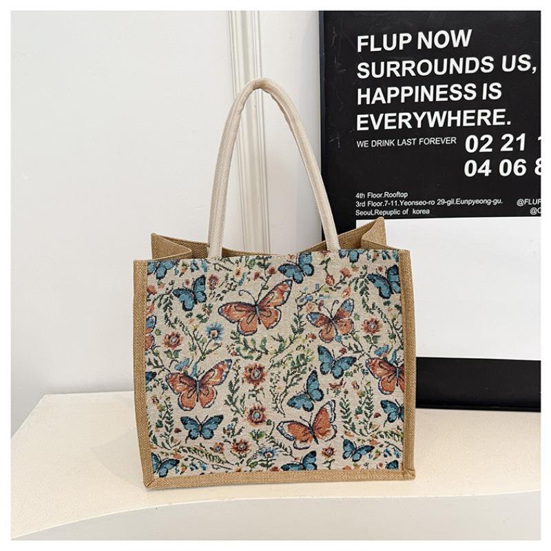 New Women's Hand Linen Bag Butterfly Gold Silk Jacquard Embroidered Shoulder Bag Ethnic Style Large-capacity Tote Bag