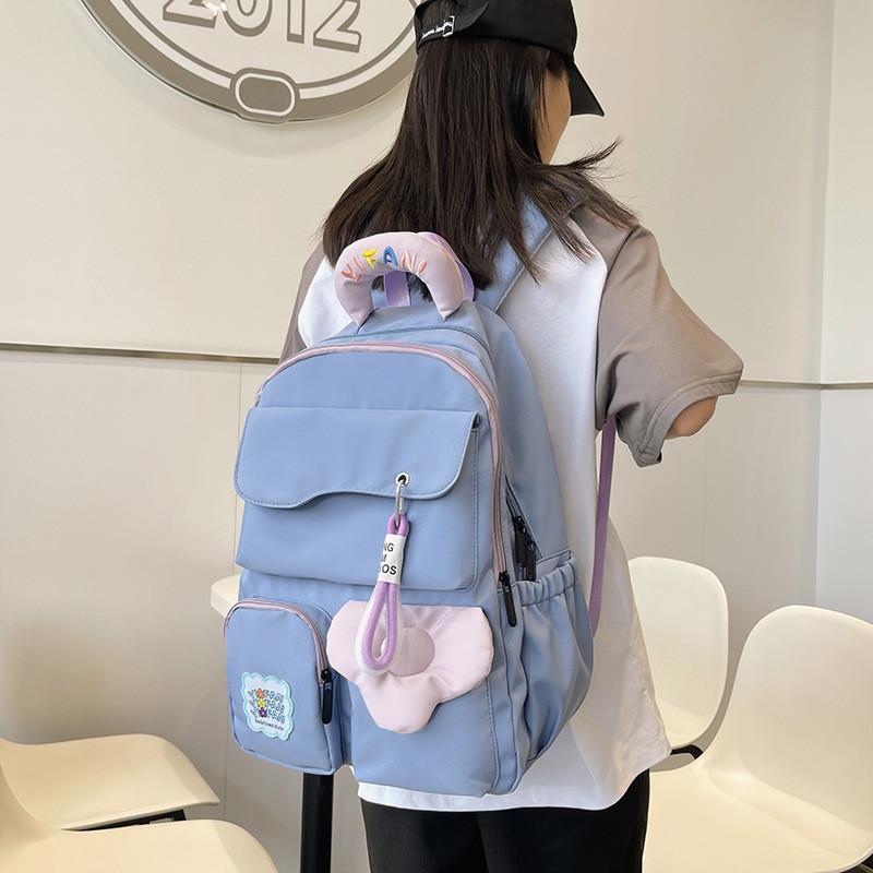 Handle Colorful Embroidered Design Color Blocked Student Backpack For Use Daily