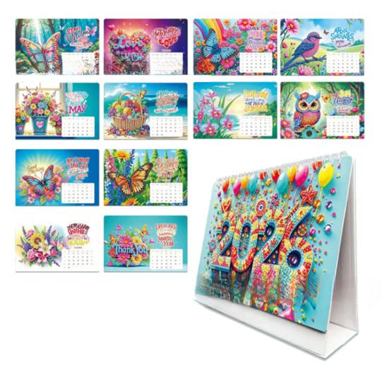 DIY Rhinestone Art Painting Desk Calendar Kit 12-Month Home Office Planner 2026 Practical Sparkling Rhinestone Craft Calendar