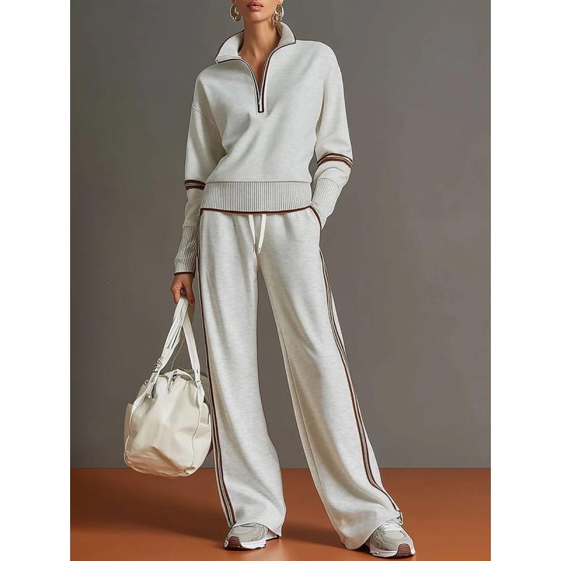 2026 Lässiges zweiteiliges Set für Damen: Color-Block Kapuzenpullover mit Stehkragen Weit geschnittene Hose Alltagsbekleidung