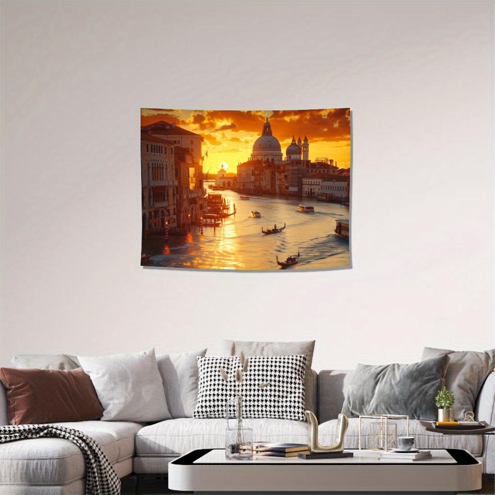 Golden Venice Landscape Tapestry, Canal Gondola Sunset European Architecture Wall Cloth, Soft Backdrop For Bedroom Home Space